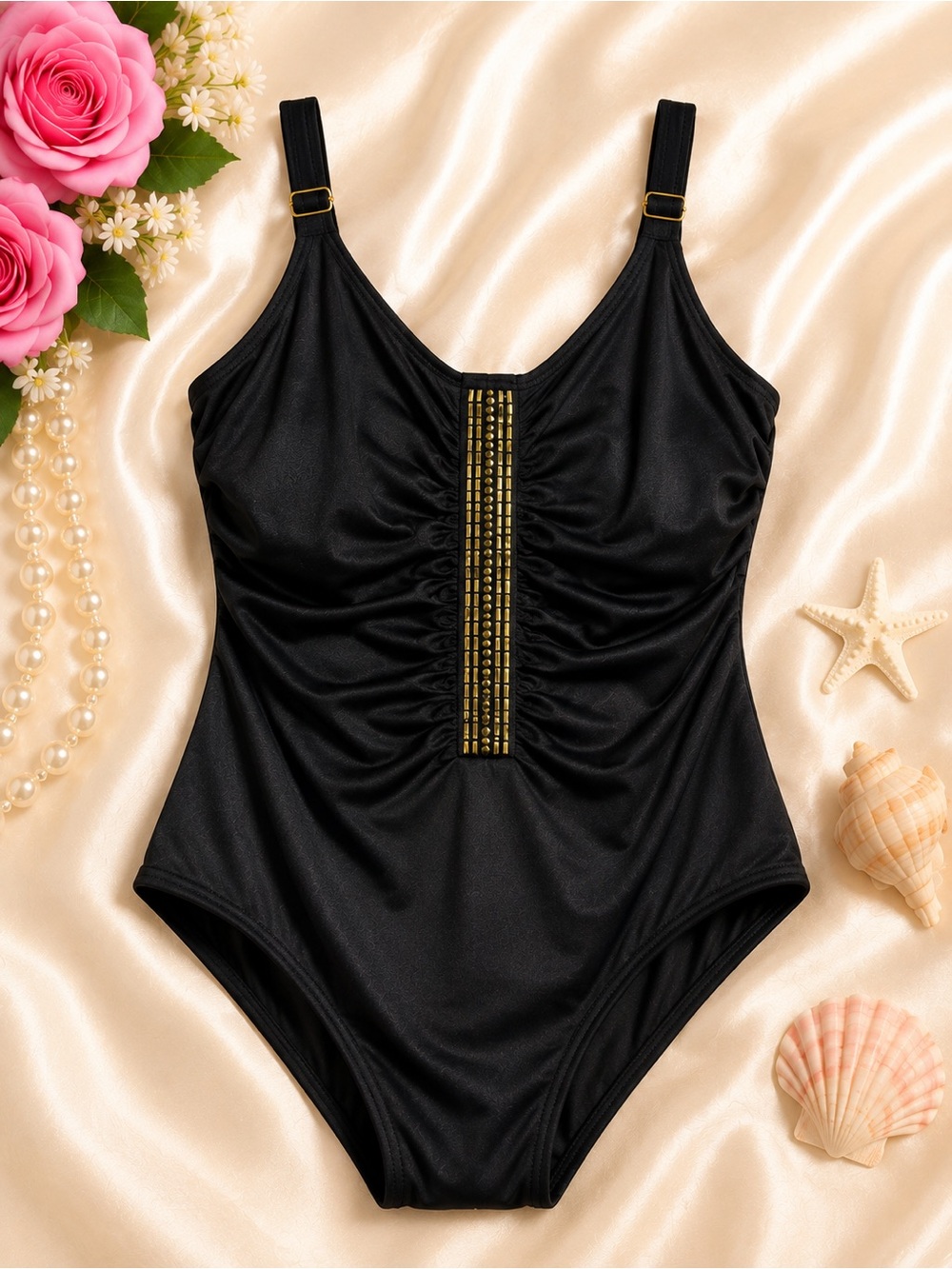 Roxanne Black One Piece Swimsuit 10/34C Underwire w/ Matching Wrap